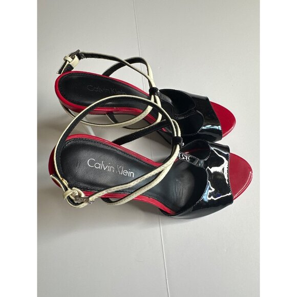 Calvin Klein Womens Black Patent Leather & Red Sole High Heel Sandals With White - Picture 2 of 5